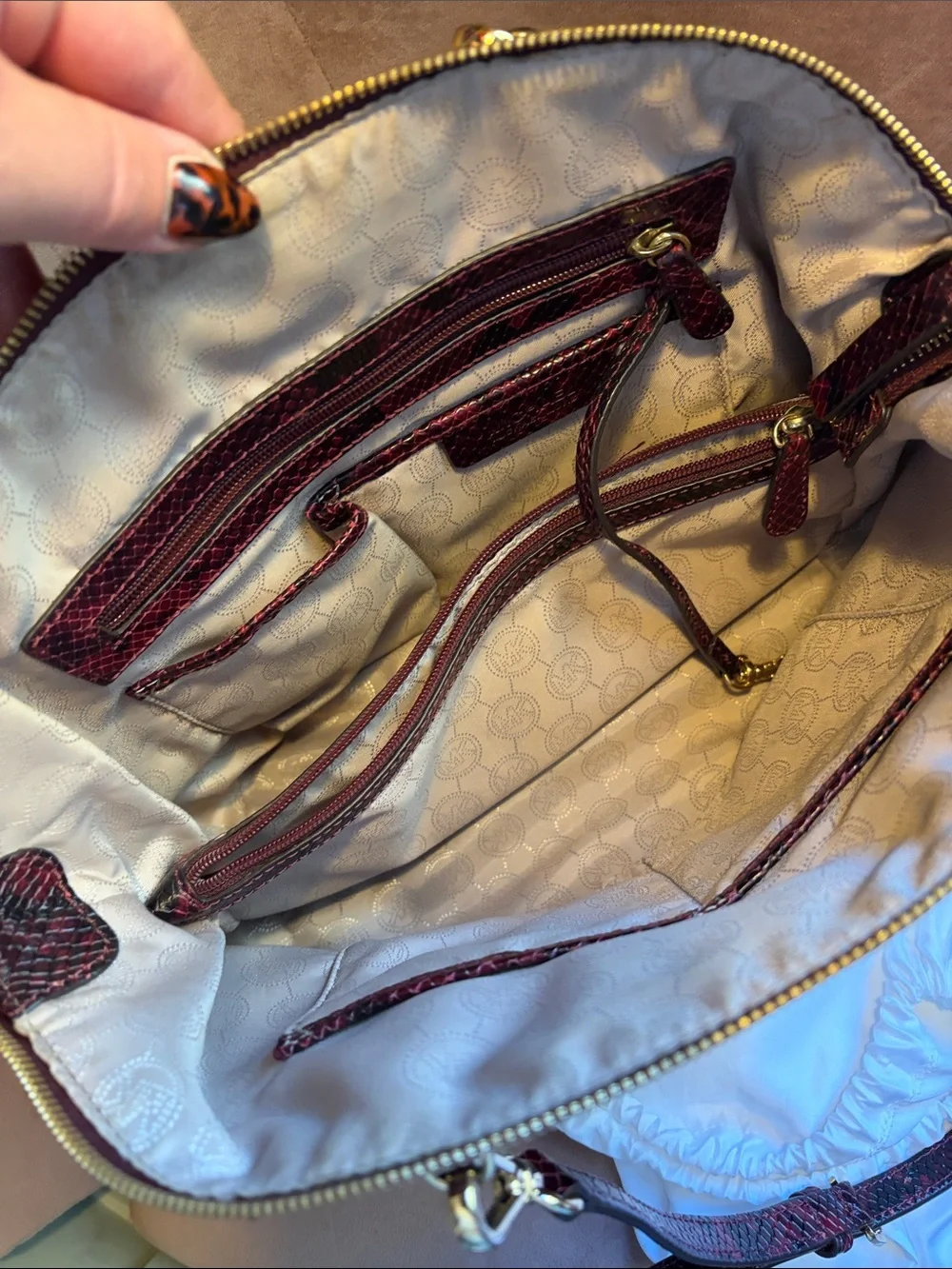 Michael Kors Burgundy Python Embossed Satchel Bag | Excellent Condition - Picture 3 of 8